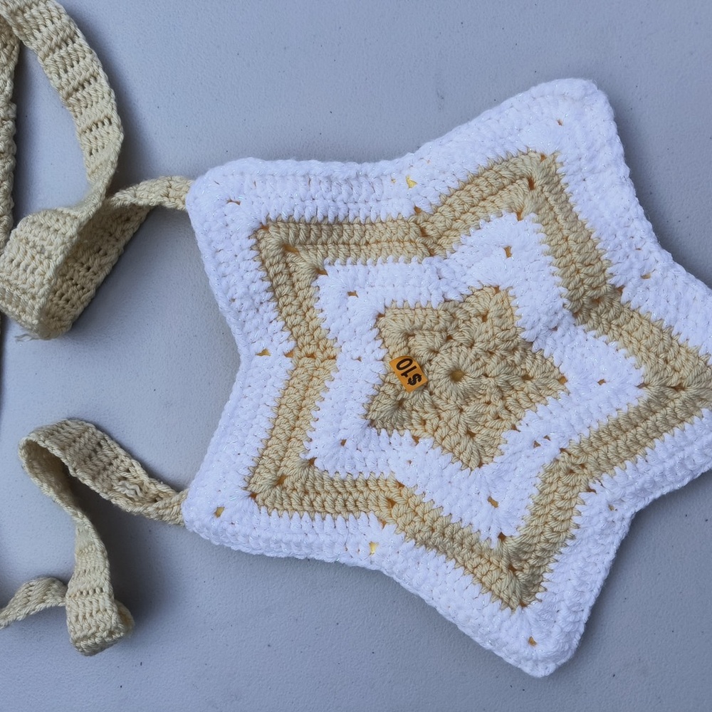 Handmade Star-Shaped Crochet Bag for Kids - White and Tan